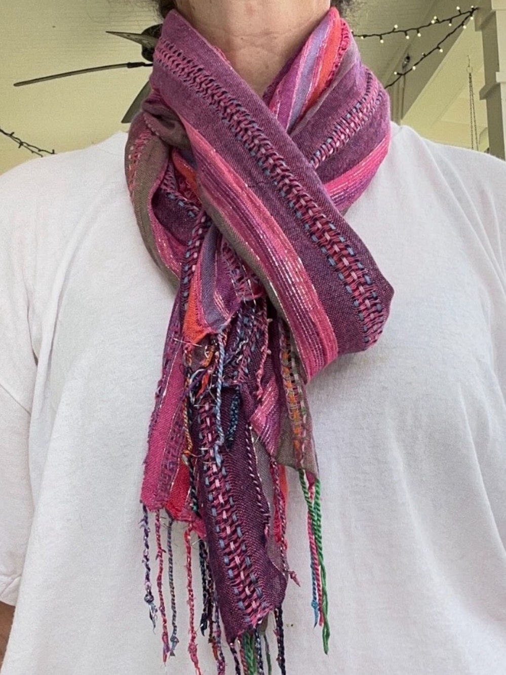 Boho Woven Fringe Scarf | Purple, Pink Artisan Wrap| Soft Lightweight